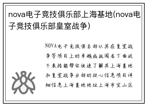 nova电子竞技俱乐部上海基地(nova电子竞技俱乐部皇室战争)
